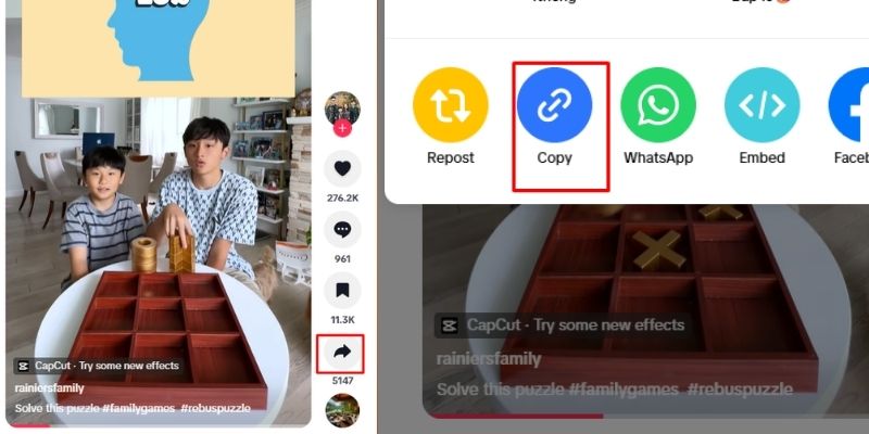 Copy the link of Tiktok video